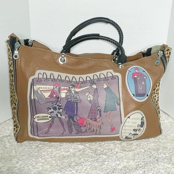 BARBARA RIHL Tote Bag Travel Brown Leather Fur Animal Print Zip Sides - Picture 1 of 16